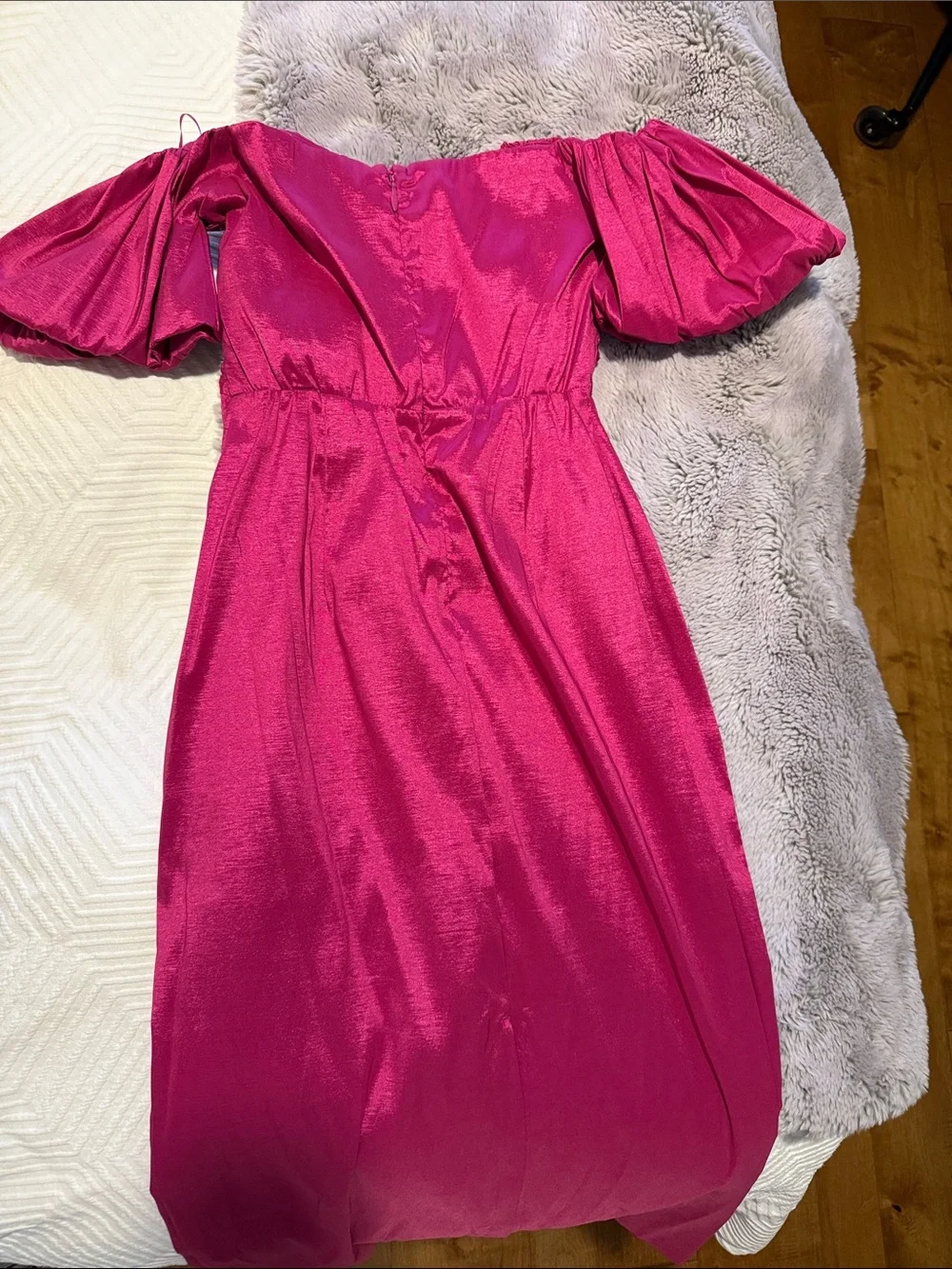 Off-Shoulder Puff Sleeve Fuchsia Dress